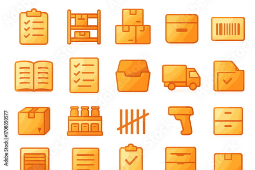 Logistics linear icon set. featuring clipboard, warehouse, boxes, barcode, checklist, delivery, inventory, scanner, storage.