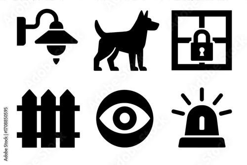 Home security silhouette icon set. featuring dog, fence, lock, light, eye, and alarm symbols