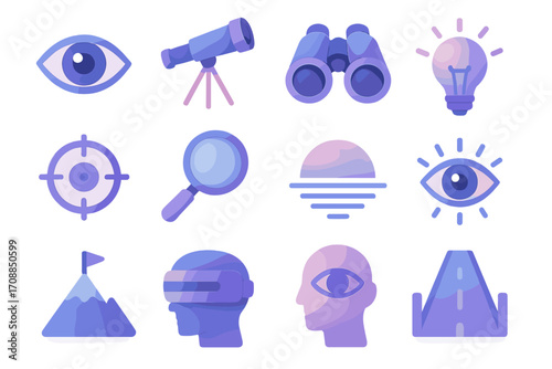 Future vision silhouette icon set. featuring eye, telescope, binoculars, lightbulb, target, magnifying glass