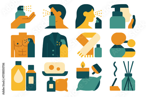 Personal care flat icon set. featuring perfume, lotion, soap, skincare, deodorant, and aromatherapy symbols