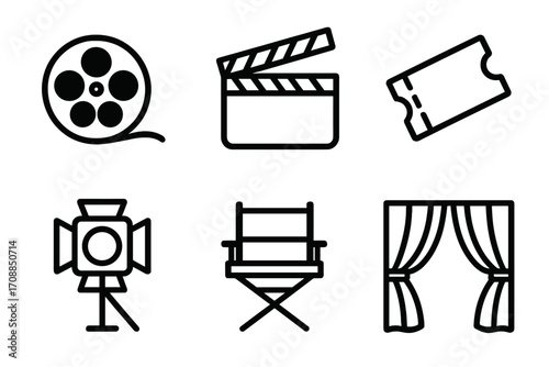 Film and theater flat icon set. featuring reel, clapperboard, ticket, spotlight, director chair, curtains