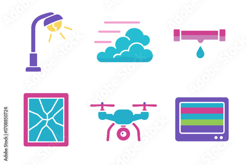 Smart home neon icon set. featuring lamp, pipe, cloud, window, drone, and monitor