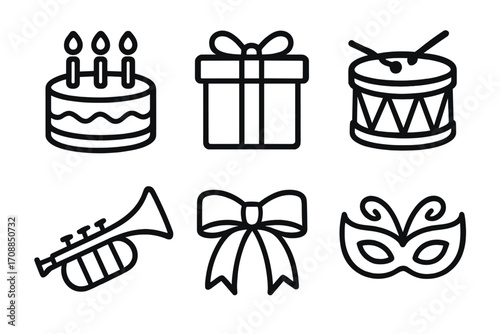Party celebration silhouette icon set. featuring cake, gift, drum, trumpet, bow, and mask symbols