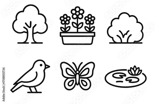 Nature silhouette icon set. featuring tree, potted flowers, bush, bird, butterfly, and lily pad symbols