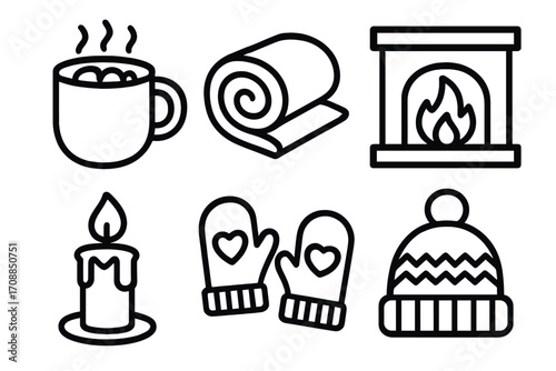 Winter comfort linear icon set. featuring hot beverage, blanket, fireplace, candle, mittens, and hat symbols