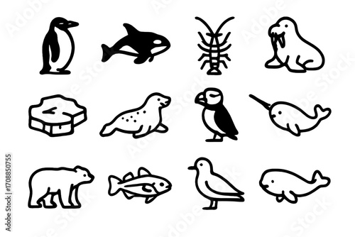 Arctic animals silhouette icon set. featuring penguin, whale, walrus, seal, puffin, and polar bear symbols
