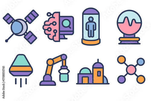 Space exploration flat icon set. featuring satellite, ai, human, innovation, capsule, automation, observatory, molecule