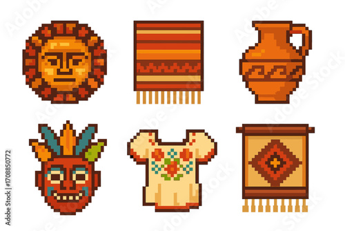 Traditional aztec flat icons set. featuring sun stone, tapestry, pottery, mask, embroidery, wall art