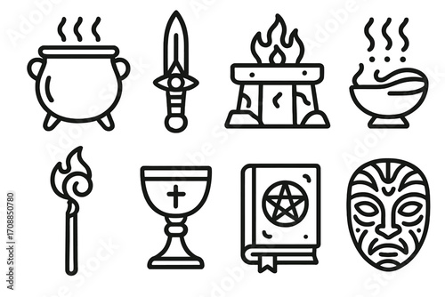 Magic and ritual linear icon set. featuring cauldron, dagger, altar, bowl, torch, chalice, spellbook, mask symbols