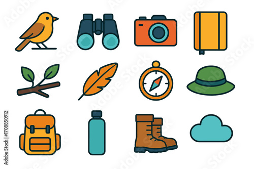 Outdoor adventure linear icon set. featuring bird, binoculars, camera, book, branch, feather, compass, hat, backpack, bottle, boots, cloud