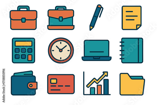 Business essentials flat icons set. briefcase, pen, document, calculator, clock, laptop, notebook, wallet, card, chart, folder
