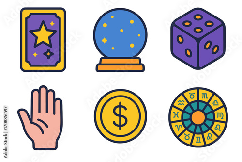 Fortune telling flat icons set. featuring tarot card, crystal ball, dice, palm, coin, zodiac wheel