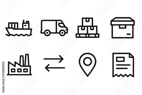 Logistics and shipping linear icon set. featuring ship, van, packages, box, factory, arrows, location, and document symbols