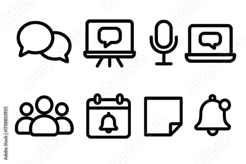 Communication linear icon set. featuring chat, computer, microphone, group, calendar, and notification