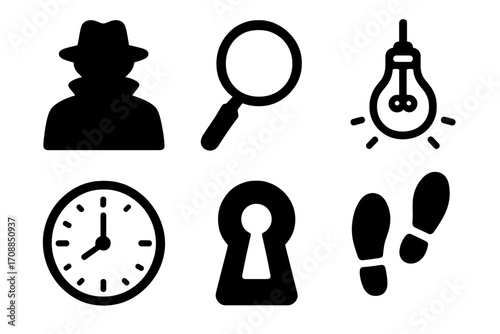 Detective tools silhouette icon set. featuring detective, magnifying glass, light bulb, clock, keyhole, and footprints