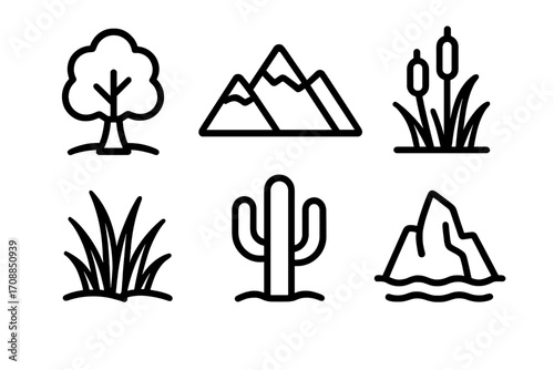 Nature silhouette icon set. featuring tree, mountains, reeds, grass, cactus, water