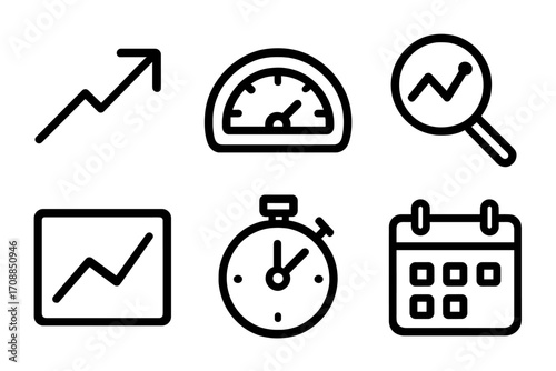 Finance linear icons set. featuring chart, speedometer, magnifying glass, graph, stopwatch, calendar