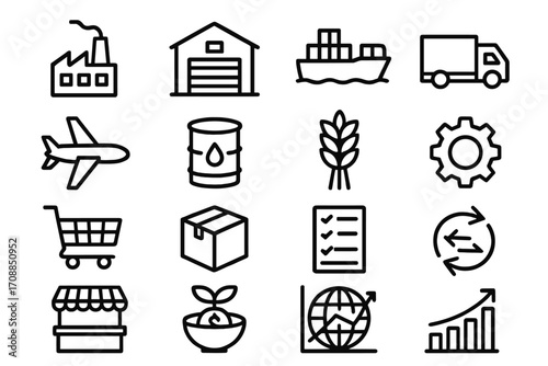 Logistics and industry linear icon set. featuring factory, warehouse, ship, truck, airplane, oil drum, harvest, gear, cart, package, clipboard, cycle, storefront, plant, global, growth symbols