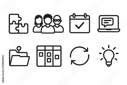 Business essentials linear icon set. featuring puzzle, team, calendar, chat, folder, kanban, refresh, idea symbols