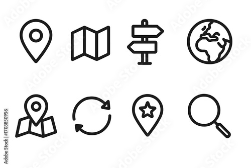 Navigation silhouette icon set. featuring pin, map, signpost, globe, compass, refresh, star, magnifying glass