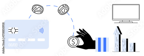 Credit card with wireless signal exchanging coins, bar graphs rising, and desktop screen. Ideal for fintech, banking, digital wallet, analytics, e-commerce, savings app simple landing page