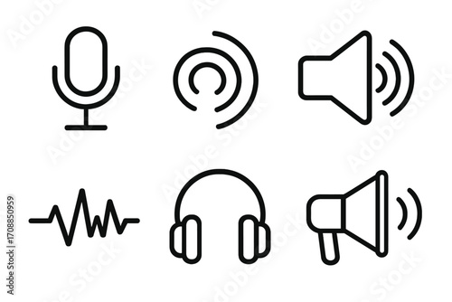 Audio and sound silhouette icon set. featuring microphone, soundwave, speaker, headphones, and volume symbols