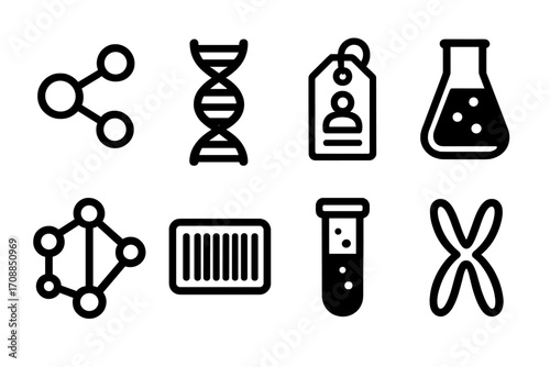 Biotechnology linear icon set. featuring dna, test tube, flask, molecule, petri dish, barcode, id tag, chromosome.