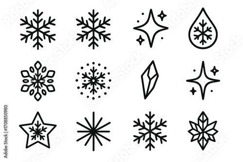 Winter elements silhouette icon set. featuring snowflakes, stars, raindrop, ice, crystals
