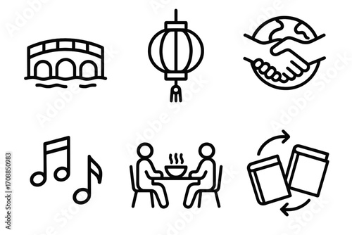 Chinese culture silhouette icon set. featuring bridge, lantern, globe, music, dining, and book symbols