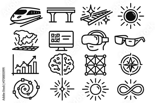 Technology and travel linear icon set. featuring train, bridge, virtual reality, sun, vr headset, and compass symbols