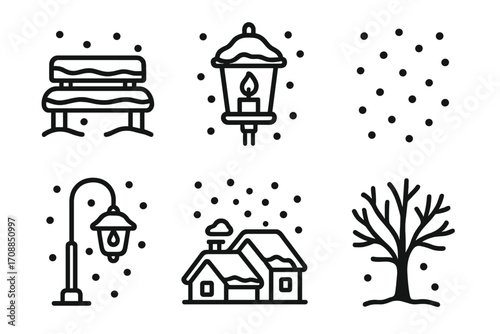 Winter scene linear icon set. featuring park bench, lantern, streetlight, houses, and tree silhouettes