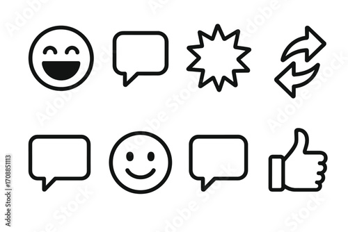 Social media communication silhouette icon set. featuring smiley, chat bubble, starburst, refresh, thumbs up symbols