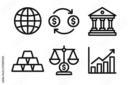 Finance silhouette icons set. featuring world, currency exchange, bank, gold bars, scales, growth chart
