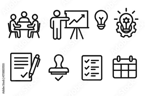 Business meeting silhouette icon set. featuring meeting, presentation, idea, report, stamp, checklist, and calendar symbols