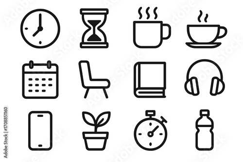 Home and office linear icon set. featuring clock, hourglass, mug, chair, book, headphones, phone, plant, stopwatch, bottle