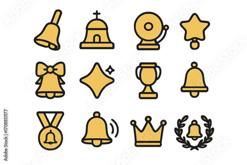 Celebration linear icons set. featuring bell, trophy, medal, star, crown, sparkle, wreath symbols