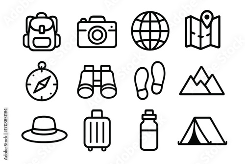 Travel exploration linear icon set. featuring backpack, camera, globe, map, compass, binoculars, and hiking symbols