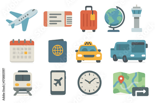 Travel flat icon set. featuring airplane, ticket, luggage, globe, control tower, calendar, passport, taxi, camper, train, smartphone, clock, navigation
