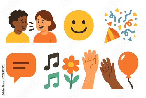 Communication and celebration flat icon set. featuring people talking, smiley, party, chat, music, and flower symbols.