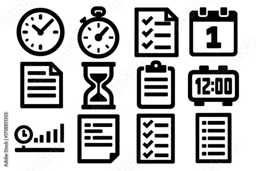 Time management silhouette icon set. featuring clock, stopwatch, checklist, calendar, hourglass, clipboard