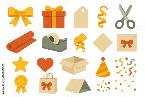 Gift wrapping flat icon set. featuring ribbon, box, scissors, tape, heart, and bow symbols