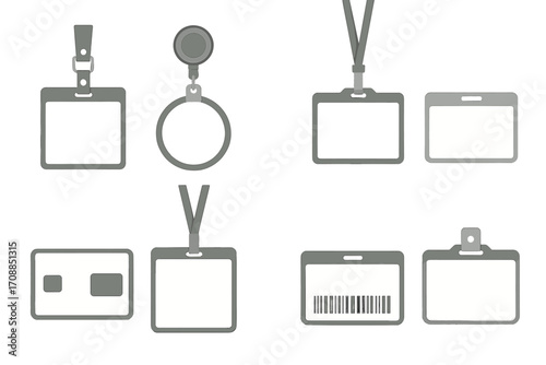 Office supplies flat icons set. featuring id card, badge holder, lanyard, and access card symbols