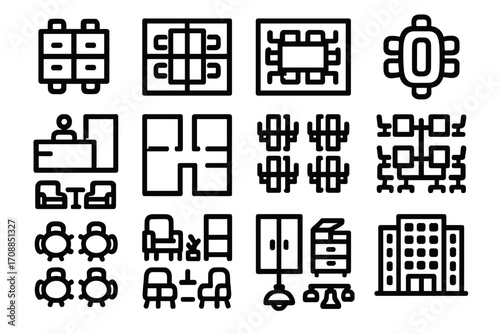 Office layout linear icon set. featuring desks, conference tables, reception, floor plans, cubicles, and office building