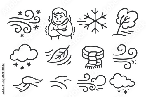 Winter season silhouette icon set. featuring cold, snowflake, wind, scarf, cloud, leaf, and sweater symbols