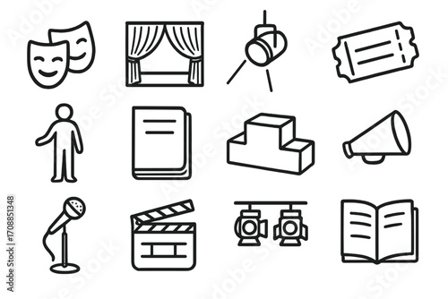 Theater silhouette icon set. featuring comedy, stage, spotlight, ticket, actor, script, podium, megaphone, microphone, clapperboard, lights, book symbols