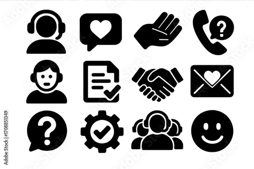 Customer support silhouette icons set. featuring headset, chat, help, call, agreement, message symbols