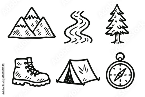 Outdoor adventure linear icons set. featuring mountains, river, tree, boot, tent, and compass