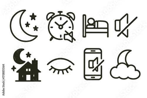 Sleep and silent mode linear icons set. featuring moon, alarm, bed, mute, house, eye, smartphone, cloud