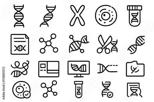 Genetic research linear icon set. featuring dna, chromosome, cell, molecule, microscope, and test tube symbols