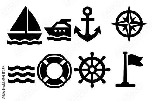 Nautical silhouette icon set. featuring sailboat, yacht, anchor, compass, waves, lifebuoy, helm, flag